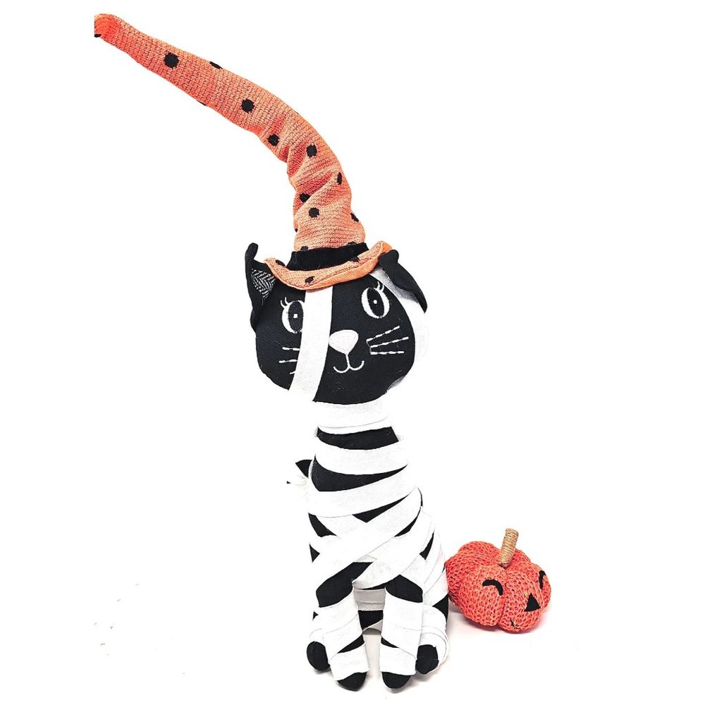 Halloween Black Cat Mummy with Pumpkin 21" Stuffed Decor